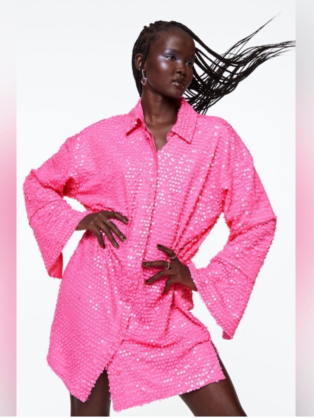 H&M pink sequins shirt mini dress button down Barbiecore long sleeve eras tour